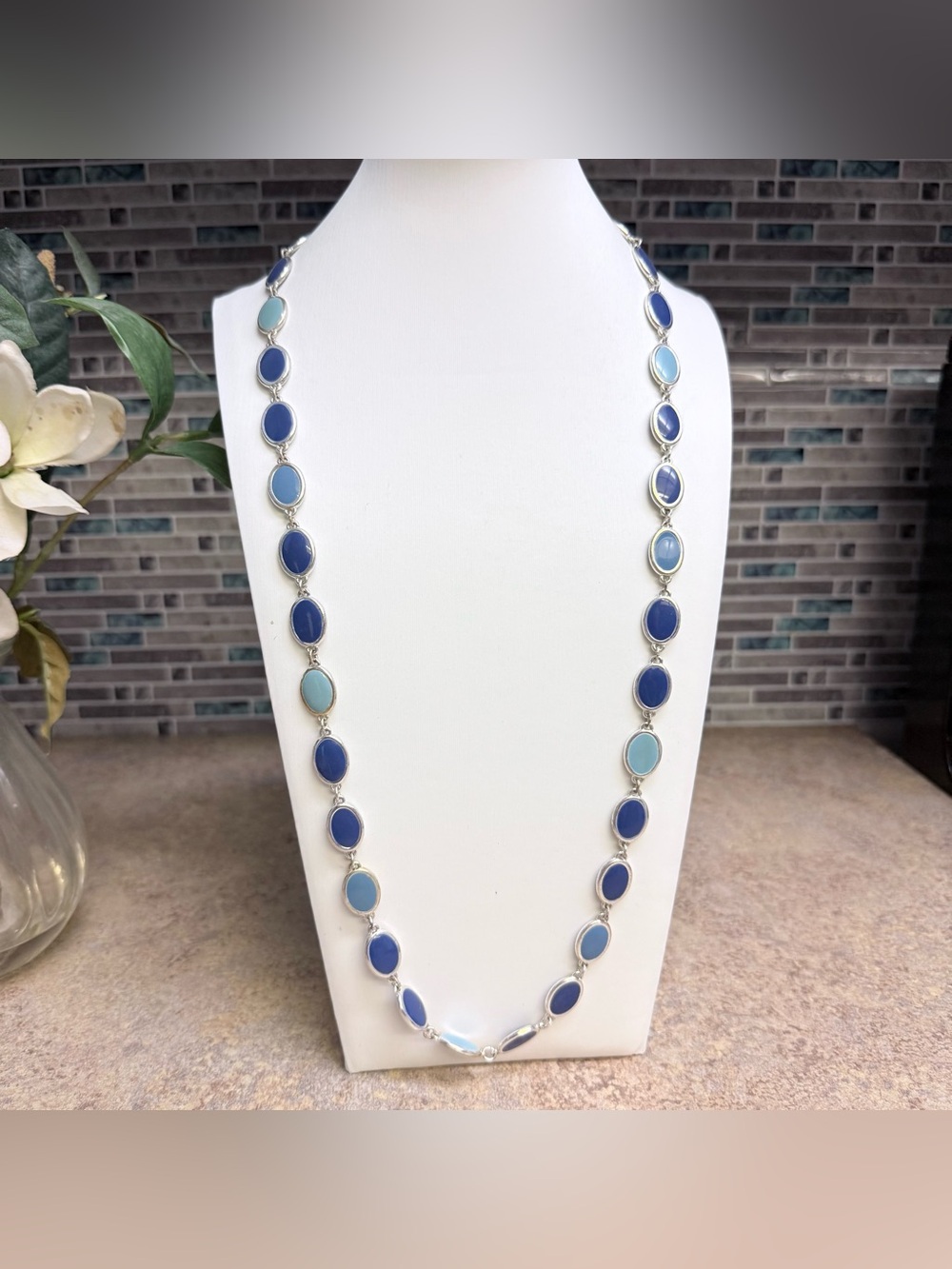 liz & co Silver Tone Multi Shade Blue Enamel Oval Station Link Long Necklace